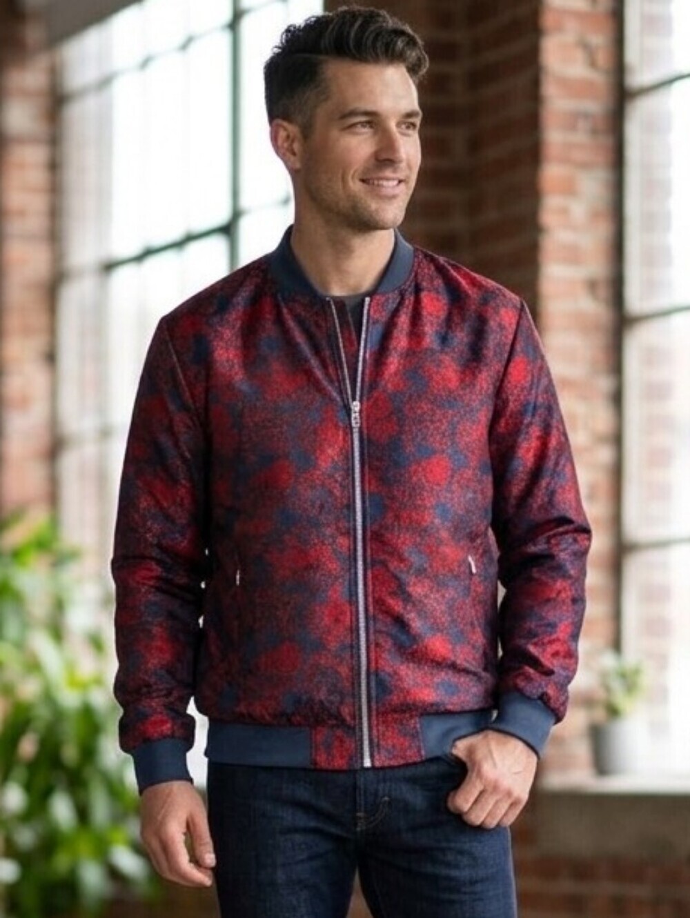 JOGAL STYLE Embroidered Satin Flight Bomber Jacket Floral Red Blue Men XL